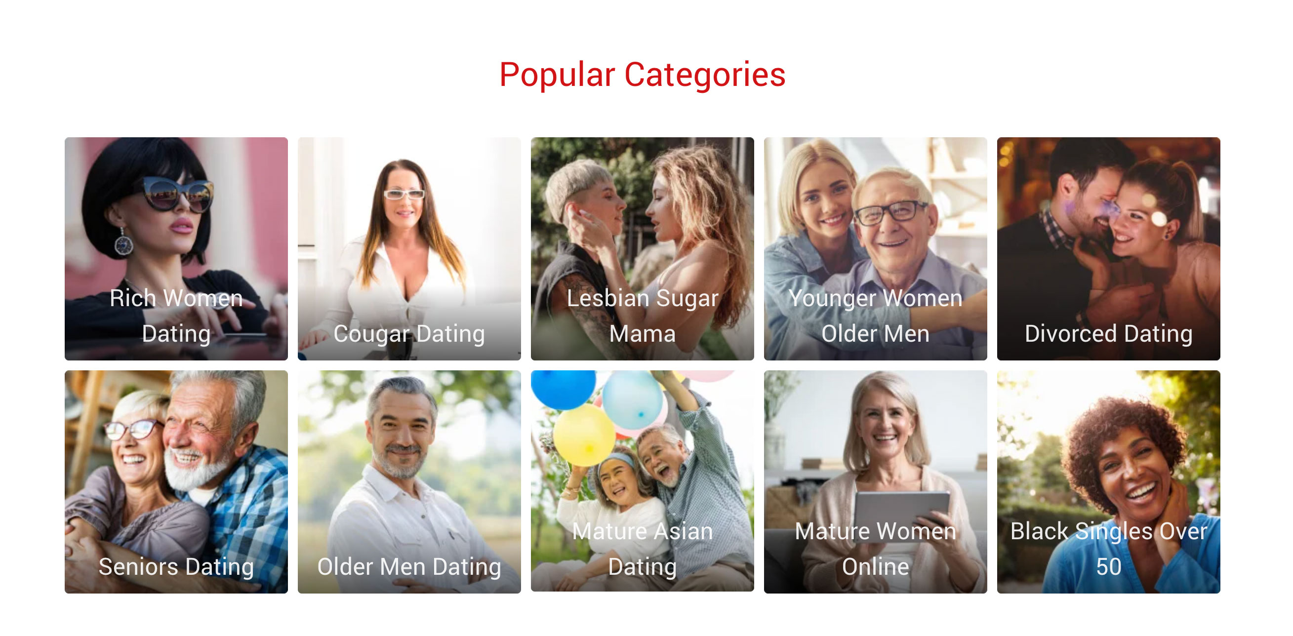 Image of some of the categories available for dating on FlirtyMatrure.com