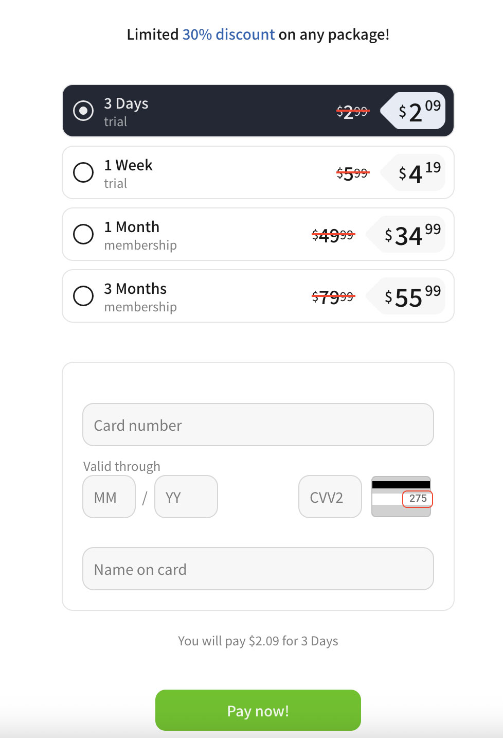 Sign up page where you can add a credit card to sign up for FlirtyMature
